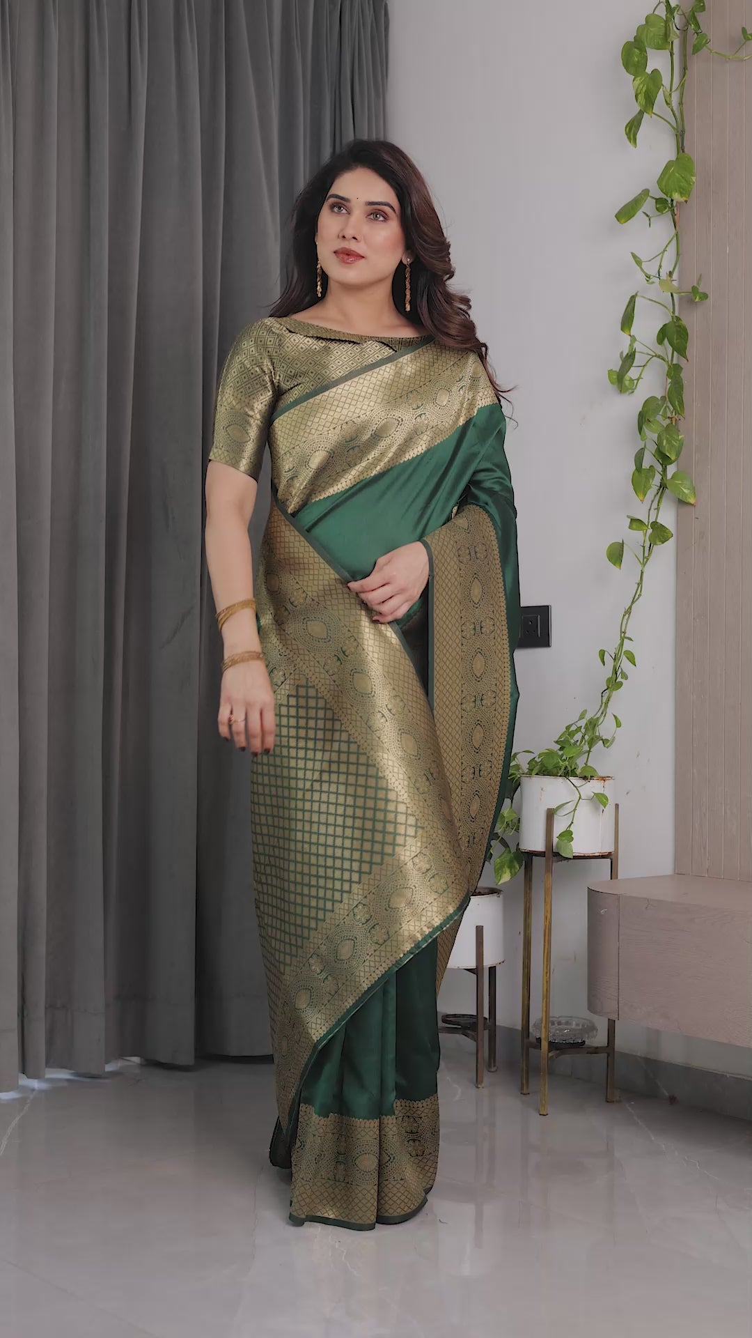 Fabrica Vibe Emerald Green Banarasi Silk Saree with Rich Gold Zari Border