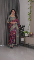 Fabrica Vibe Dusty Rose Floral Printed Linen Blend Saree with Zari Border & Designer Blouse