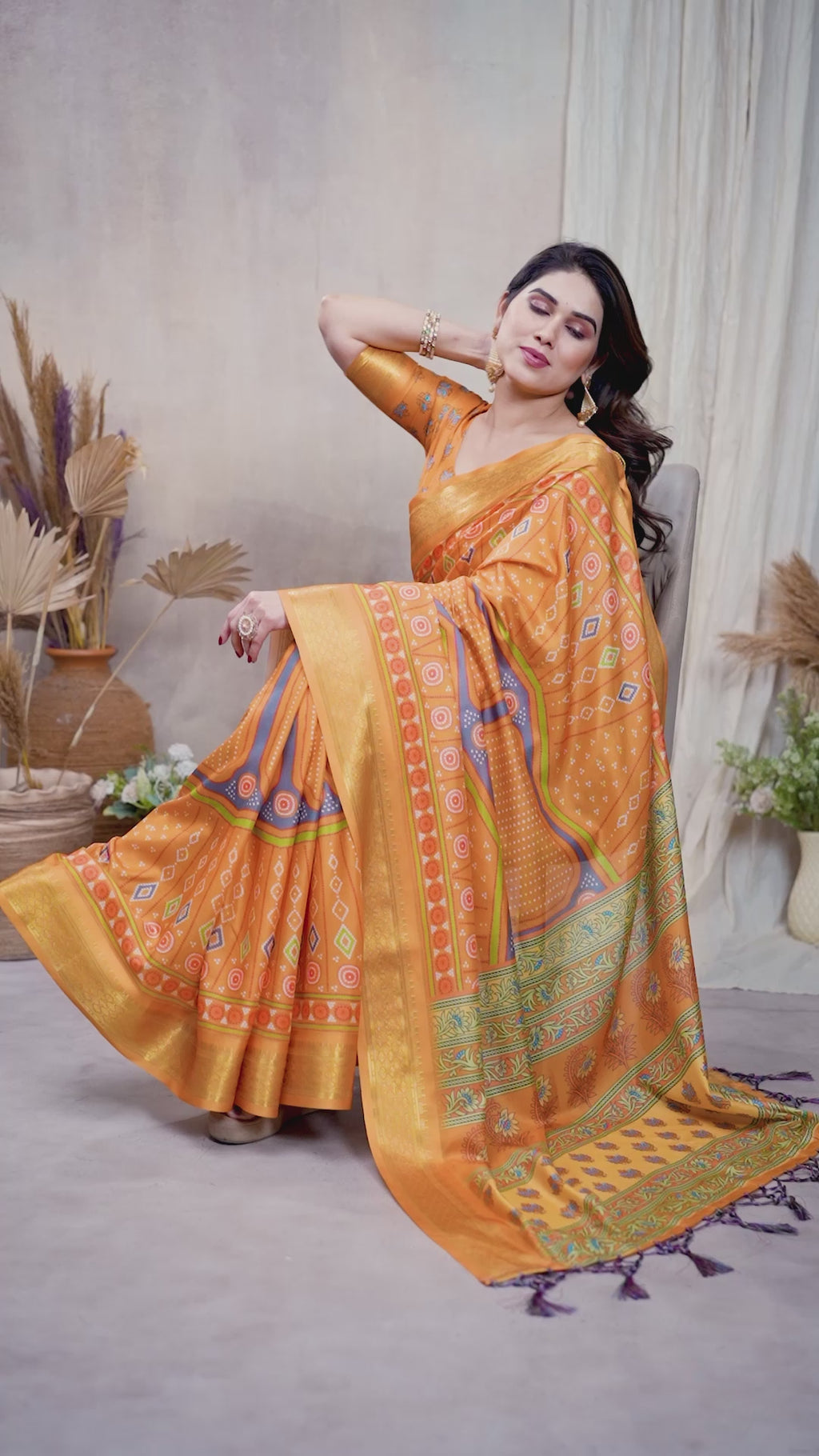 Fabrica Vibe Mustard Orange Handwoven Cotton Saree with Bandhej-Inspired Woven Design