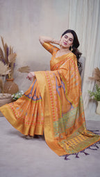 Fabrica Vibe Mustard Orange Handwoven Cotton Saree with Bandhej-Inspired Woven Design