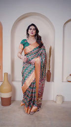 Fabrica Vibe Green & Peach Handwoven Cotton Saree with Floral Pallu