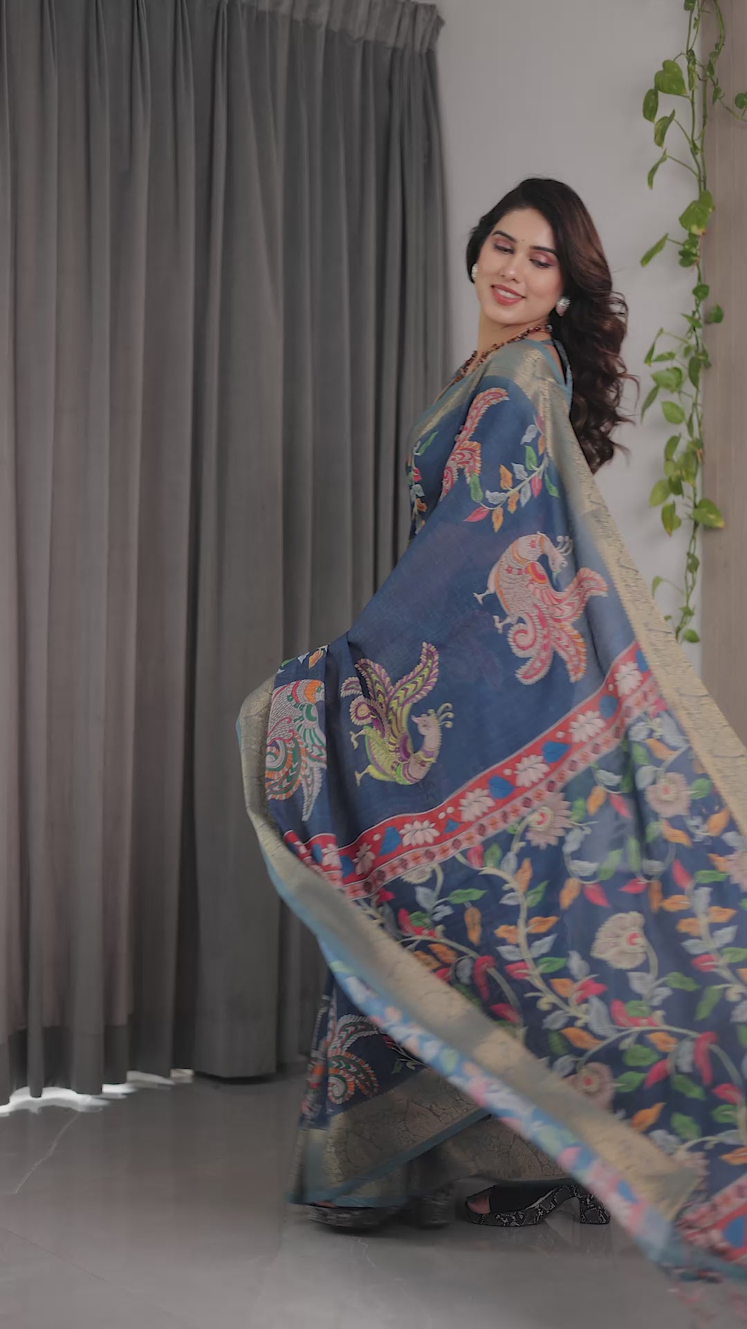 Fabrica Vibe Navy Blue Floral & Bird Print Linen Blend Saree with Antique Gold Zari Border