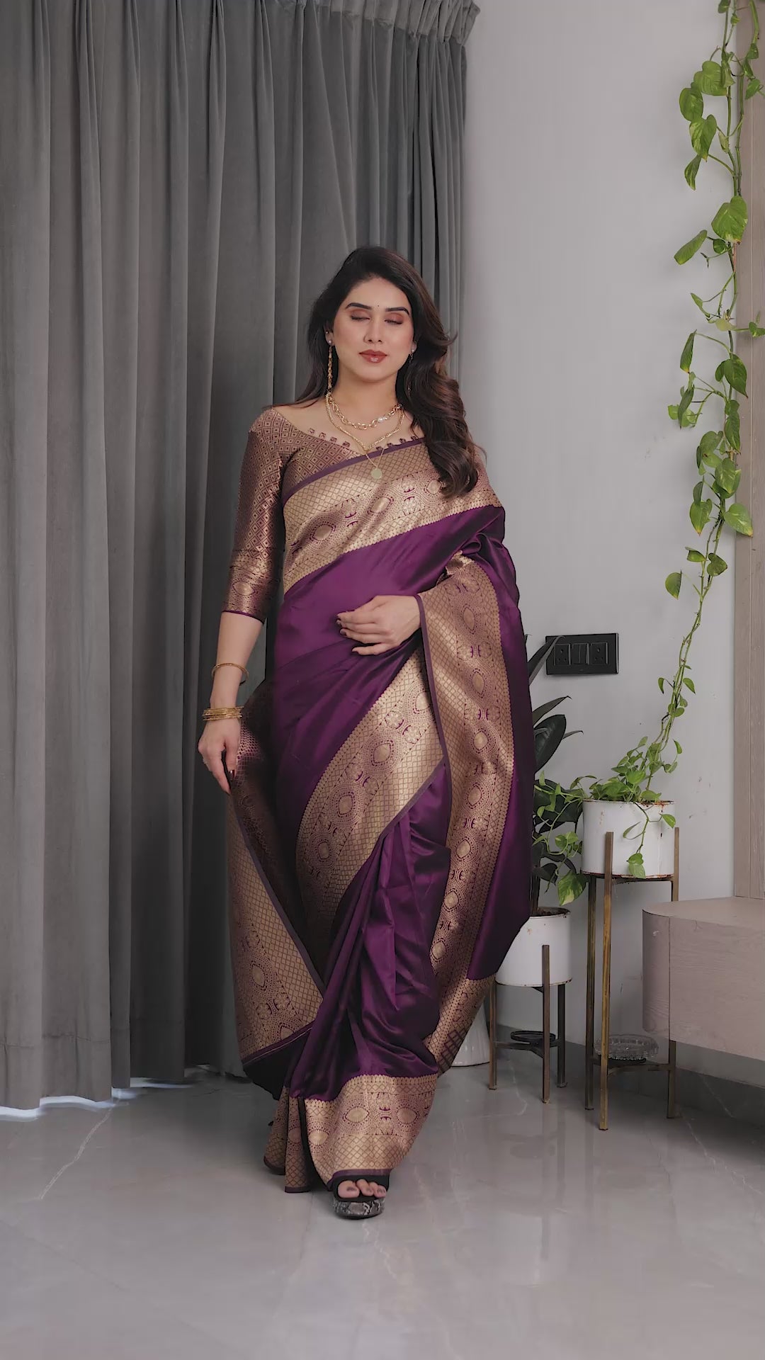 Fabrica Vibe Royal Purple Banarasi Silk Saree with Rich Gold Zari Woven Border