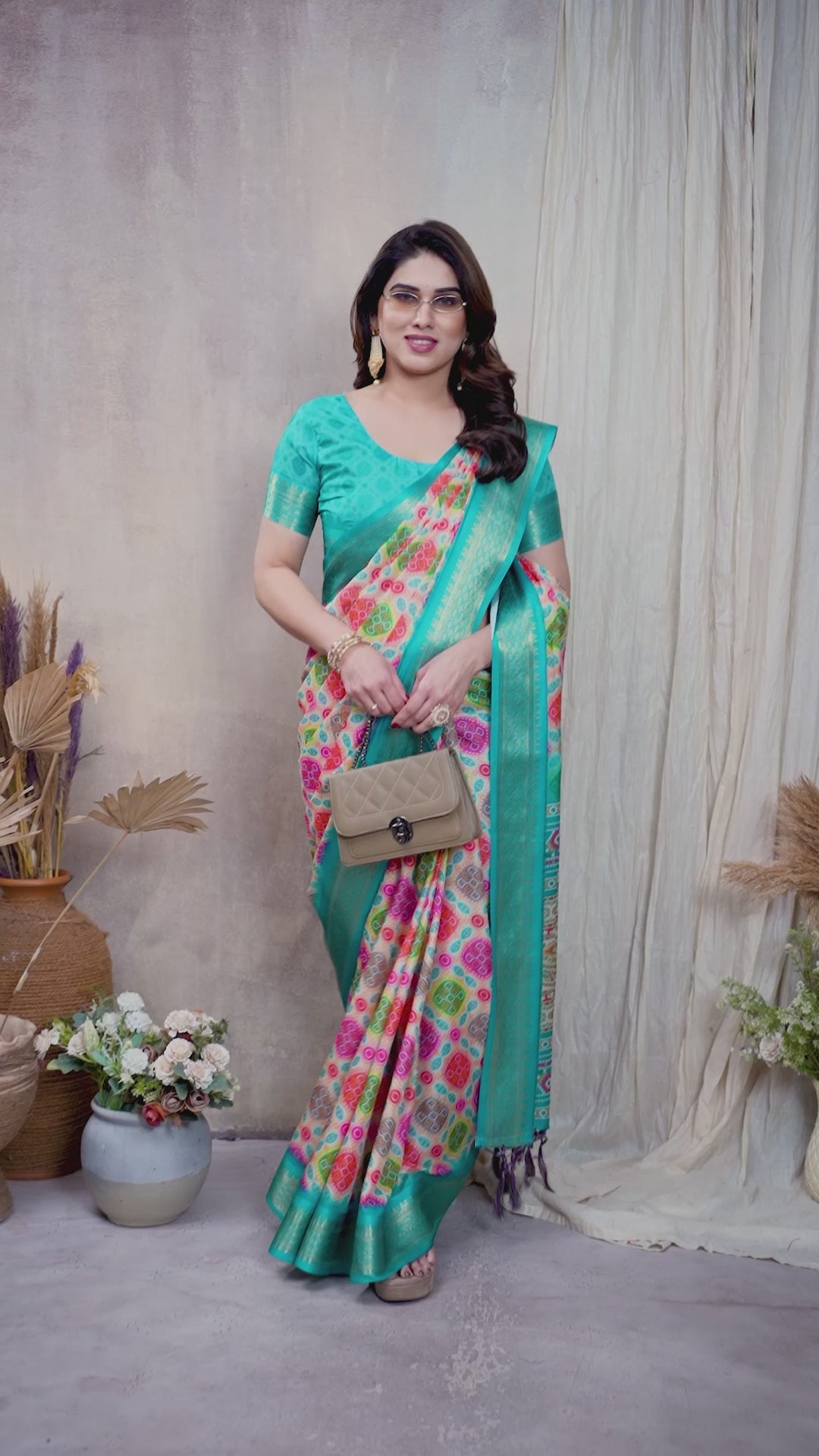 Fabrica Vibe Sky Blue Multicolor Bandhej Inspired Cotton Saree with Woven Border