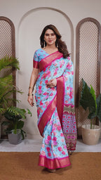 Fabrica Vibe Sky Blue Floral Printed Soft Silk Saree with Pink Zari Border & Designer Pallu