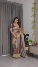 Fabrica Vibe Cream Peacock Heritage Printed Linen Blend Saree with Elegant Beige Woven Border