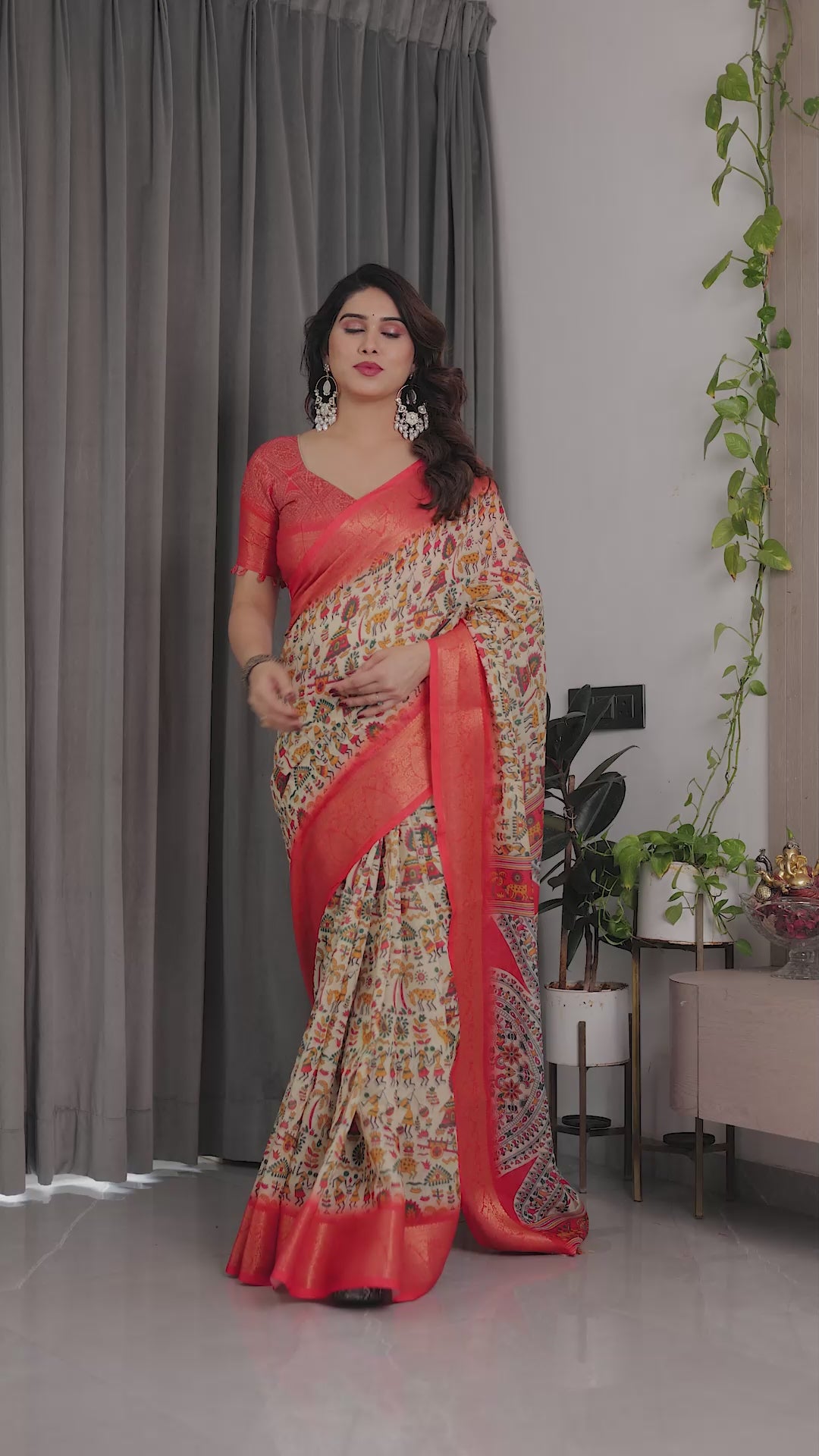 Fabrica Vibe Cream Madhubani Art Printed Linen Saree with Coral Zari Border & Tassel Pallu