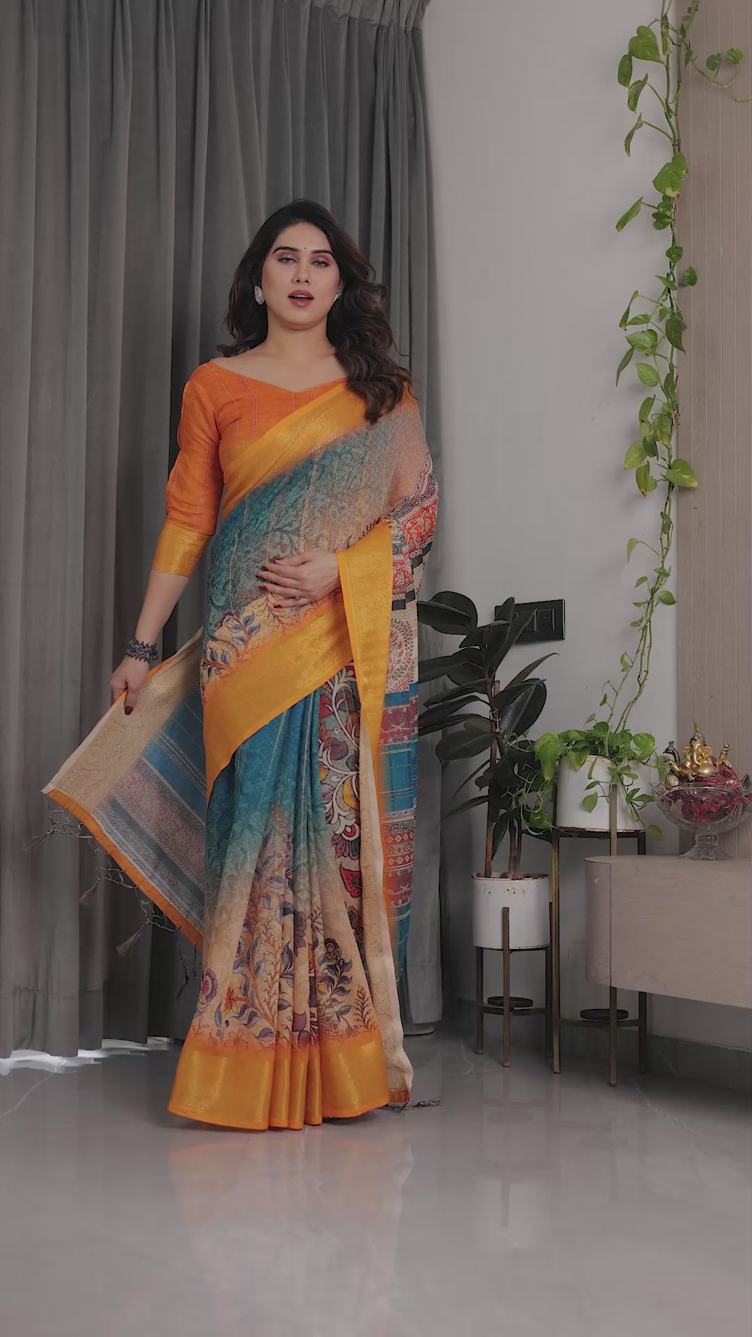 Fabrica Vibe Teal Blue & Mustard Printed Linen Saree with Golden Zari Border