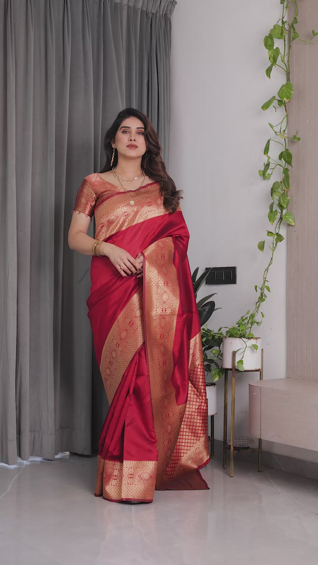 Fabrica Vibe Ruby Red Banarasi Style Silk Saree with Rich Gold Woven Border & Brocade Blouse