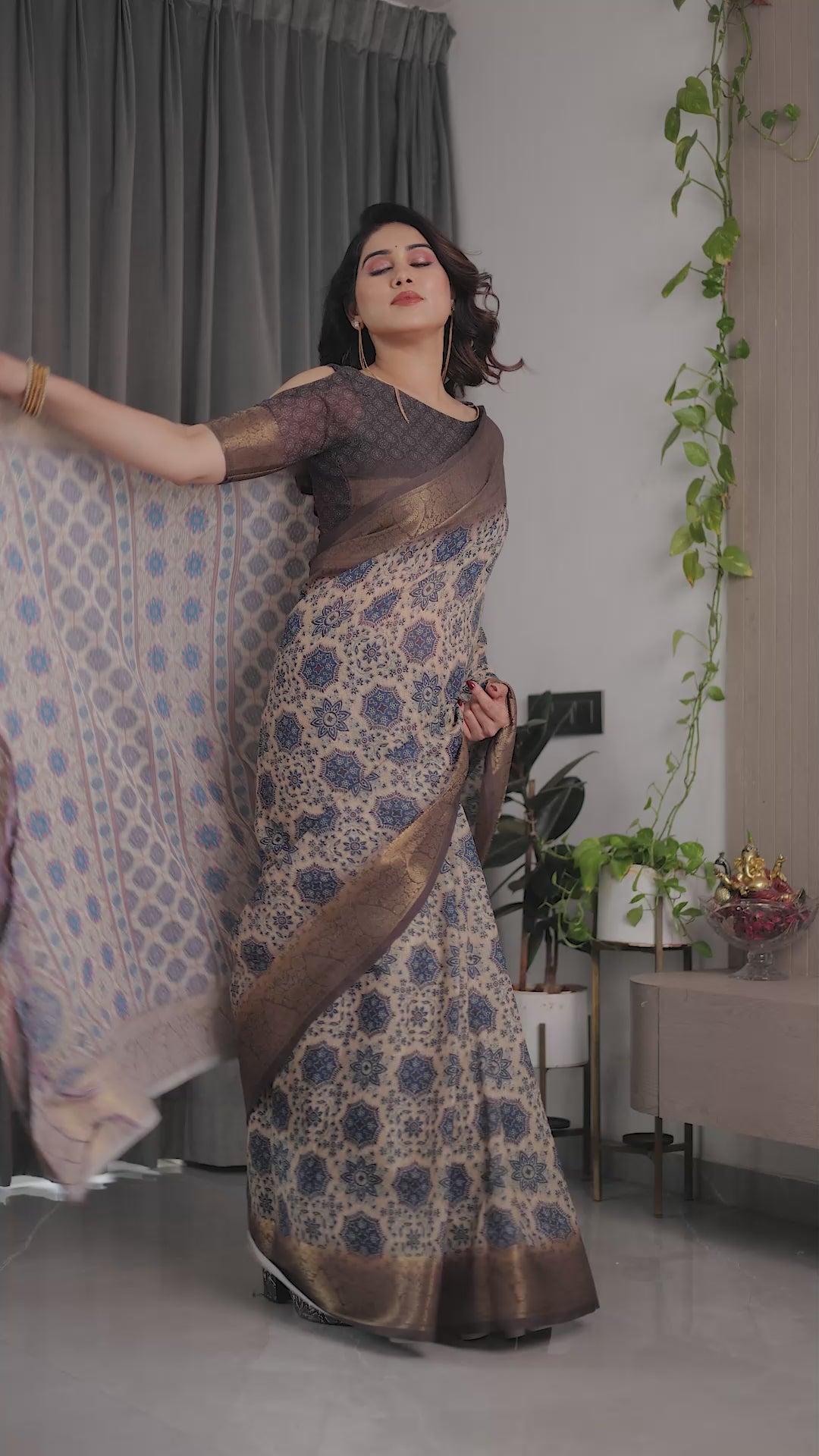 Fabrica Vibe Grey Ajrakh Floral Printed Linen Saree with Antique Zari Border & Tassel Pallu