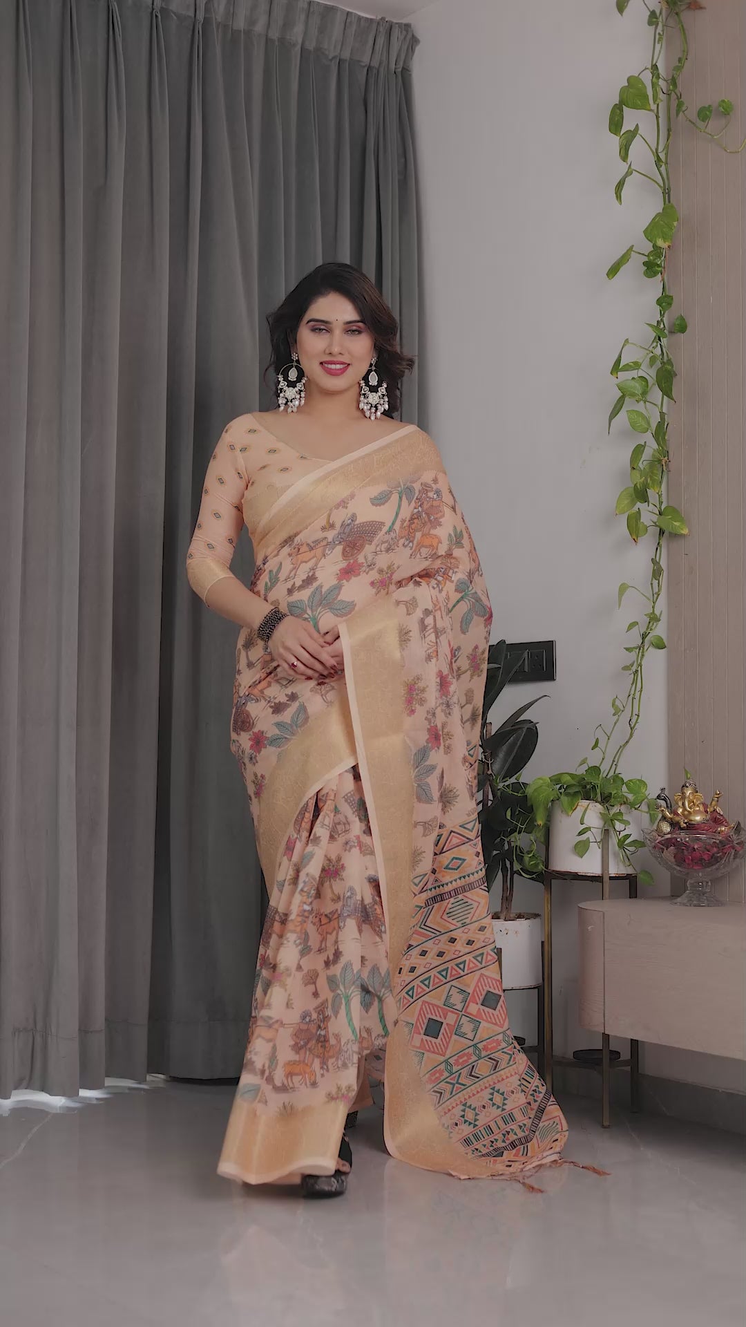 Fabrica Vibe Peach Printed Linen Blend Saree with Rich Gold Zari Border