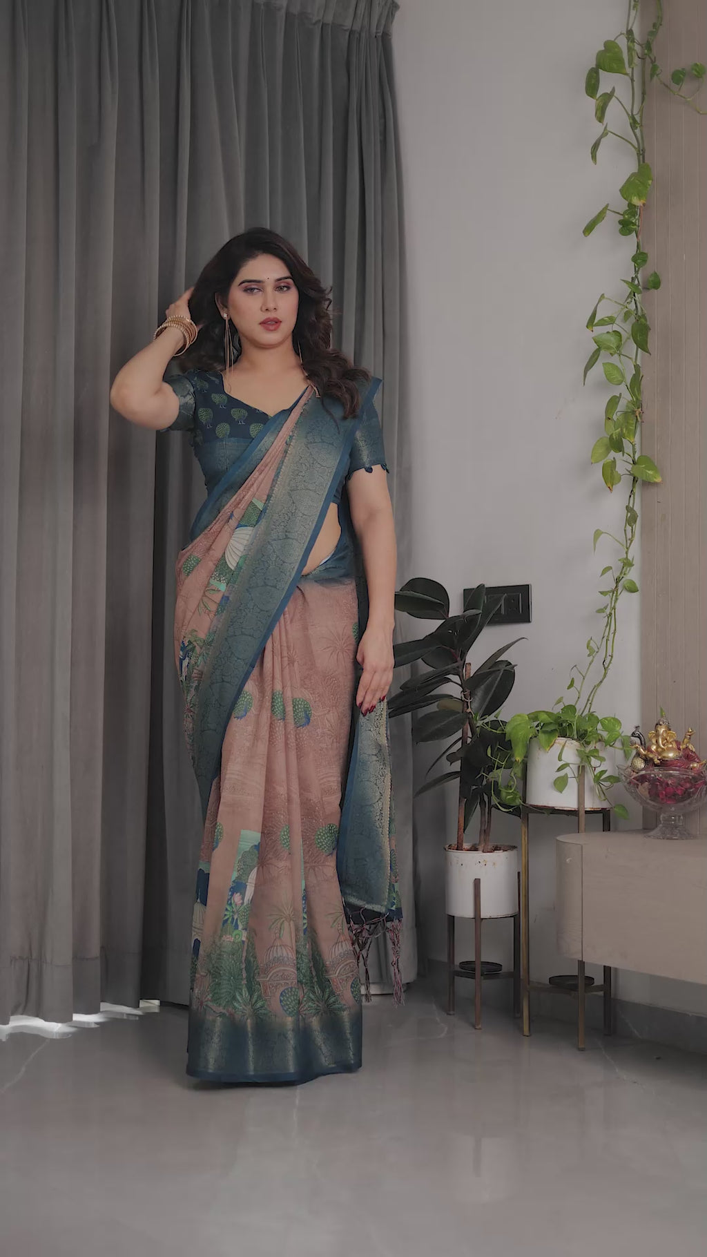 Fabrica Vibe Peacock Garden Printed Beige & Teal Blue Linen Blend Saree with Woven Border