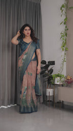 Fabrica Vibe Peacock Garden Printed Beige & Teal Blue Linen Blend Saree with Woven Border
