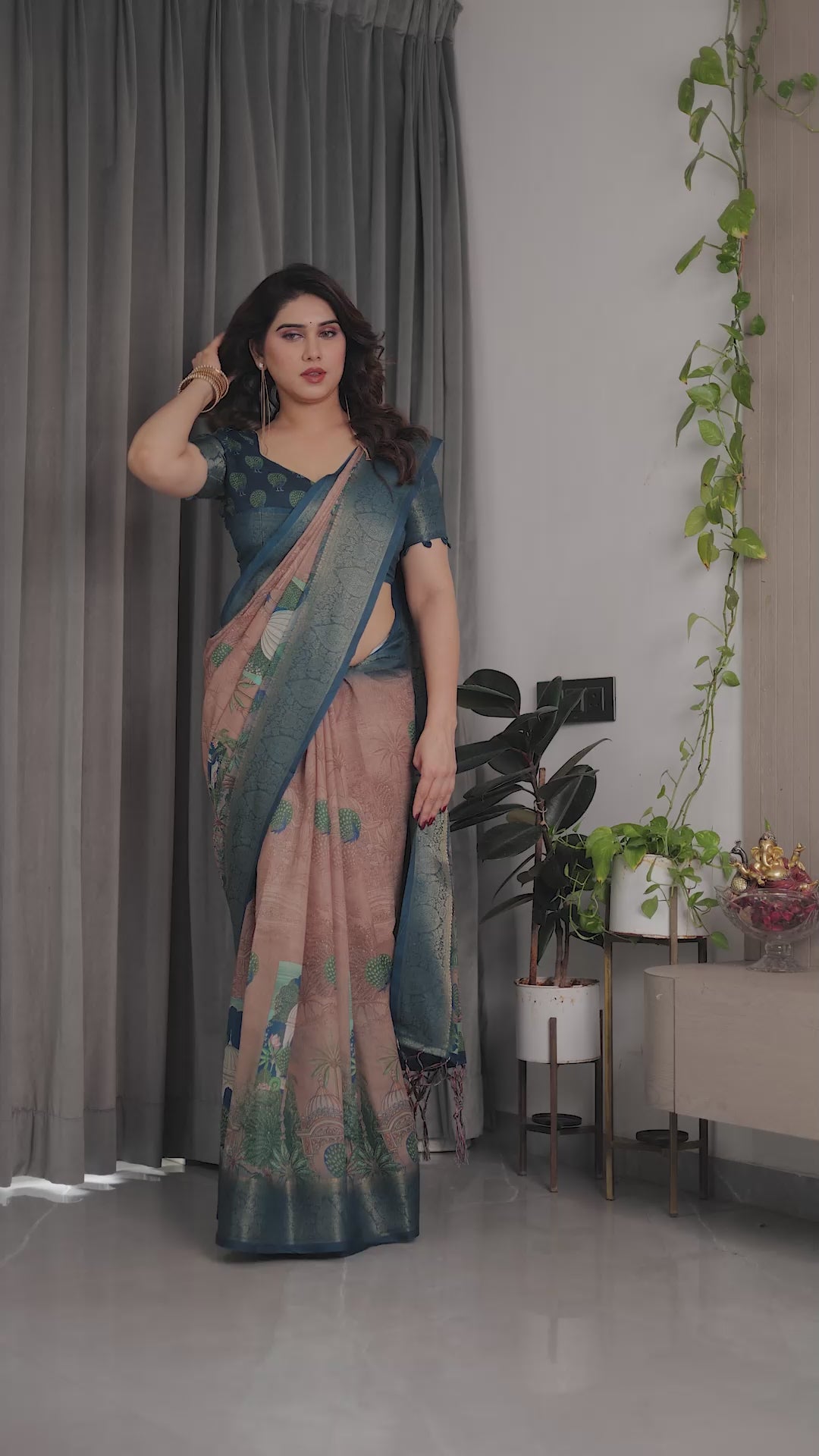 Fabrica Vibe Peacock Garden Printed Beige & Teal Blue Linen Blend Saree with Woven Border