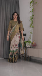 Fabrica Vibe Olive Green Floral Printed Linen Blend Saree with Rich Zari Border