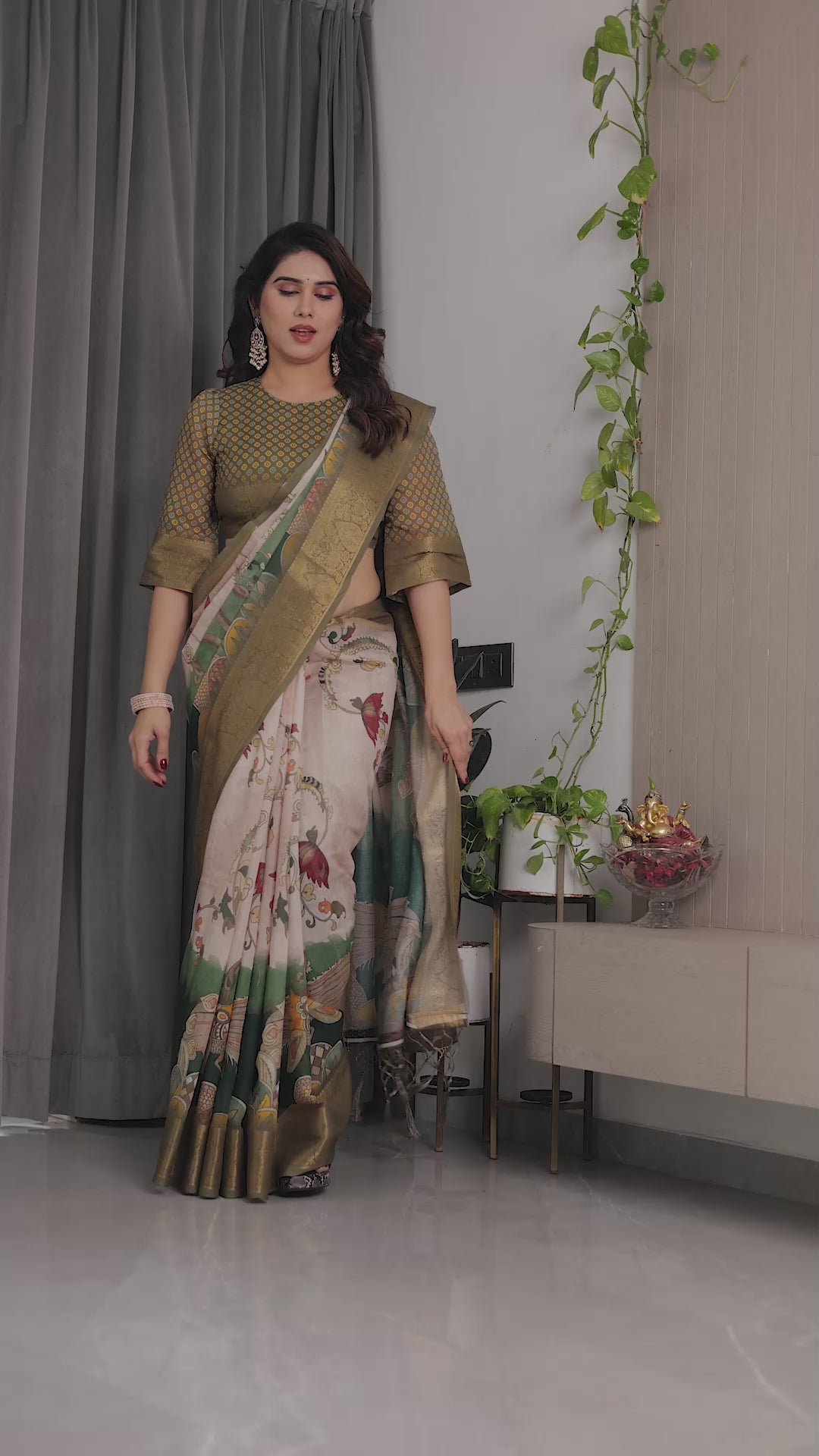 Fabrica Vibe Olive Green Floral Printed Linen Blend Saree with Rich Zari Border