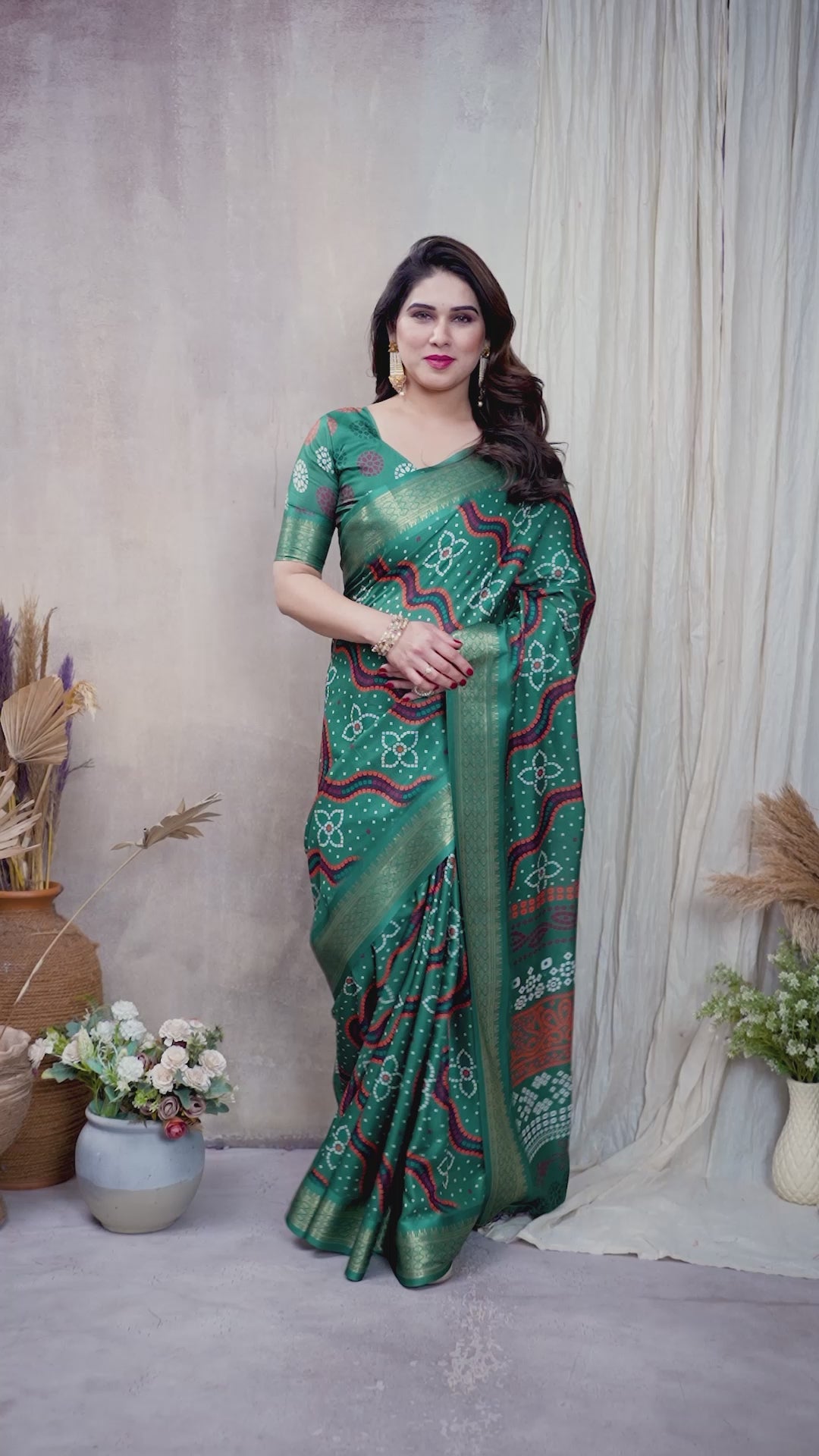 Fabrica Vibe Bottle Green Bandhej Inspired Cotton Saree with Traditional Geometric Pallu