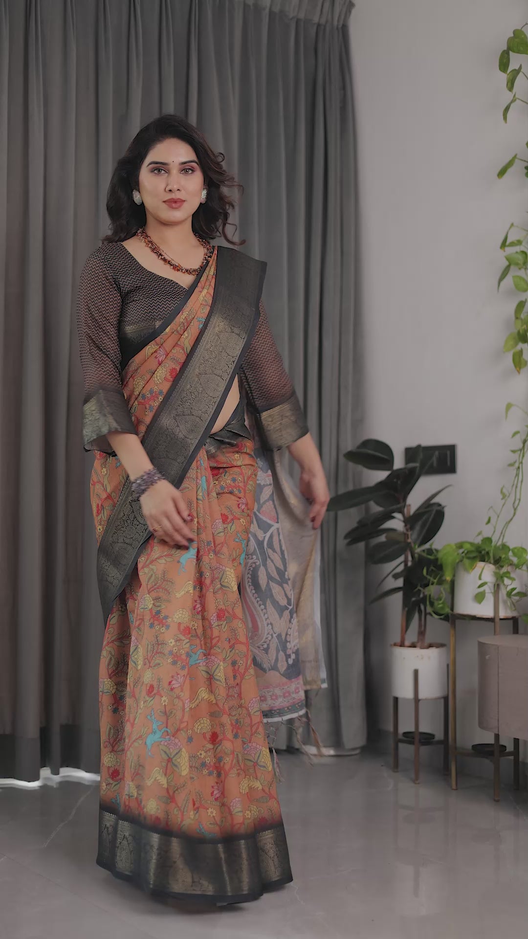 Fabrica Vibe Peach Floral Heritage Printed Linen Blend Saree with Charcoal Black Woven Border