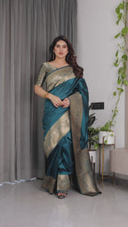 Fabrica Vibe Teal RAMA Banarasi Silk Blend Saree with Gold Woven Border